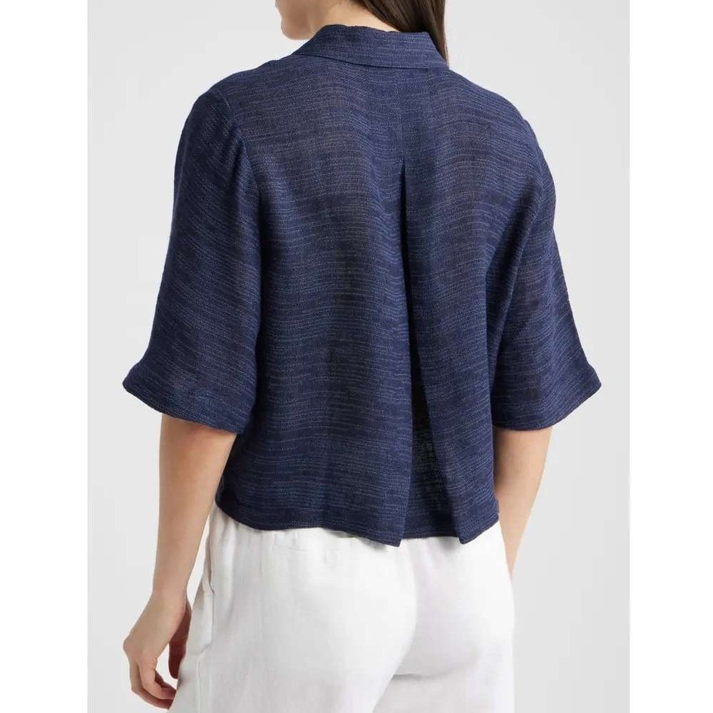 Eileen Fisher Organic Linen Blend Short Sleeve Button-Up Shirt Navy Medium
